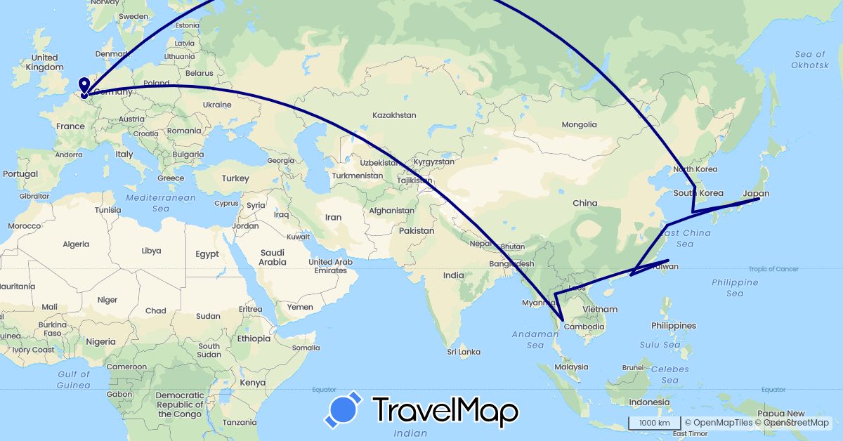 TravelMap itinerary: driving in Belgium, China, Japan, South Korea, Laos, Thailand, Taiwan (Asia, Europe)